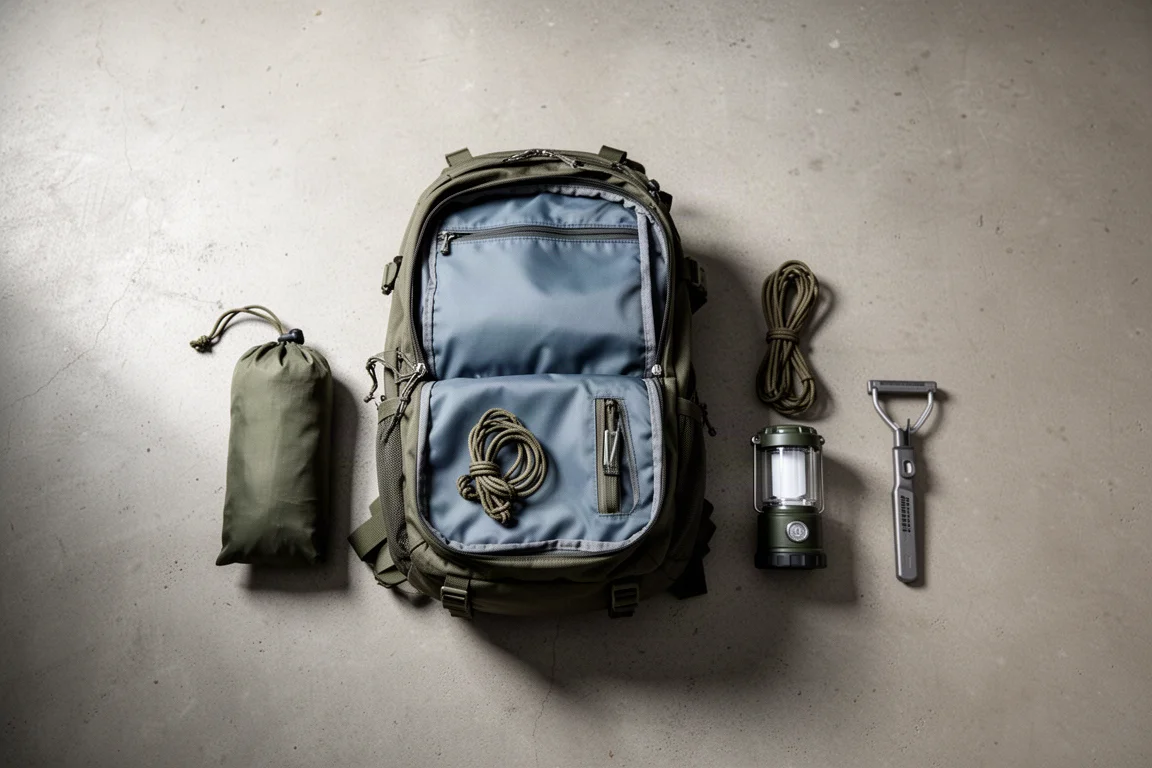 Open backpack on a concrete floor with small gear laid out in neat rows