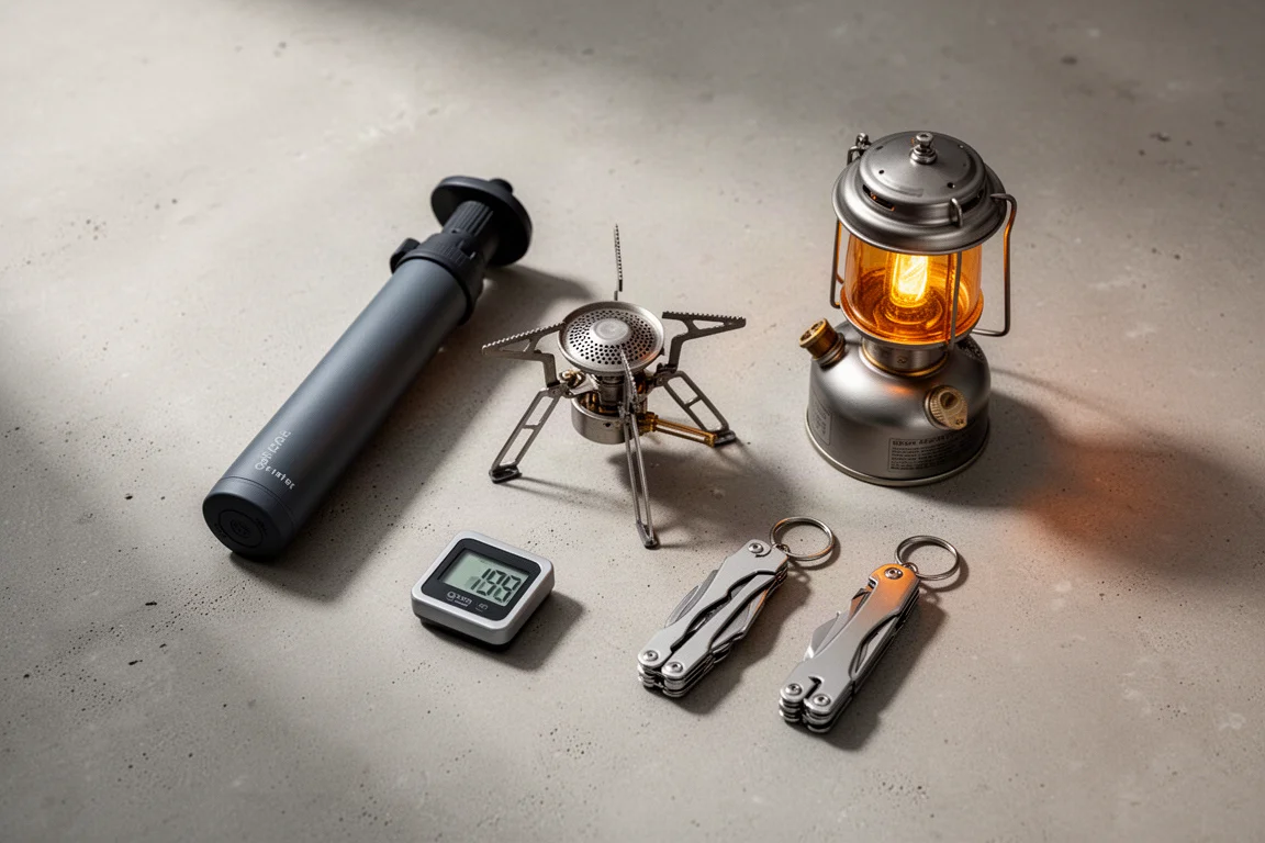Small backpacking items arranged on a concrete surface, including a mini pump, lantern, and multi-tools