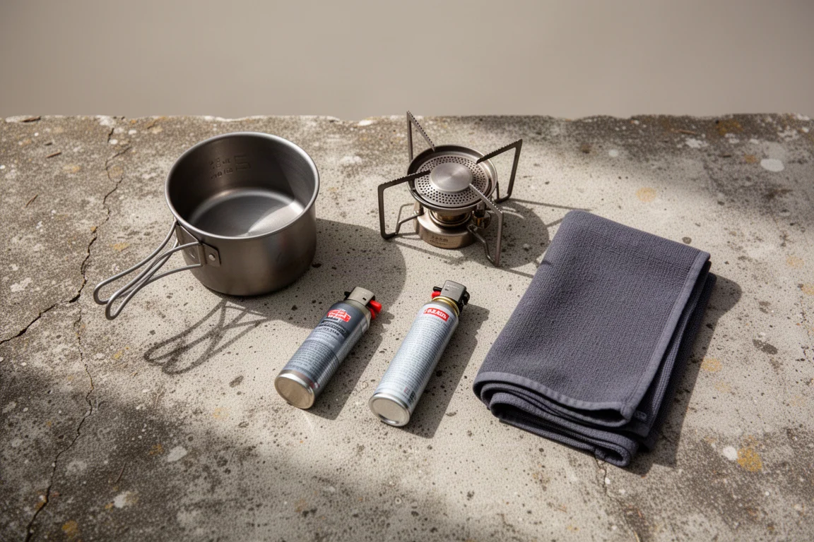 Flat-lay of backpacking camp essentials including a titanium pot and folded stove on concrete