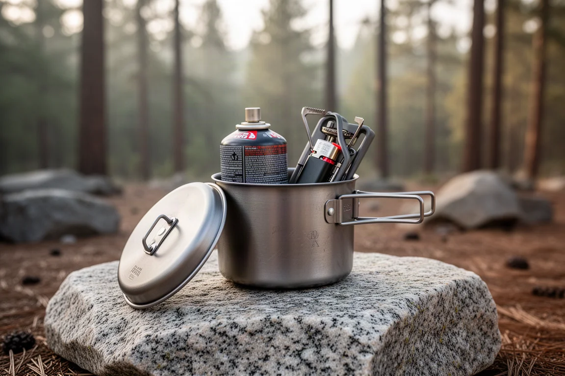 Titanium pot with lid off showing a canister and stove nested inside on a rock