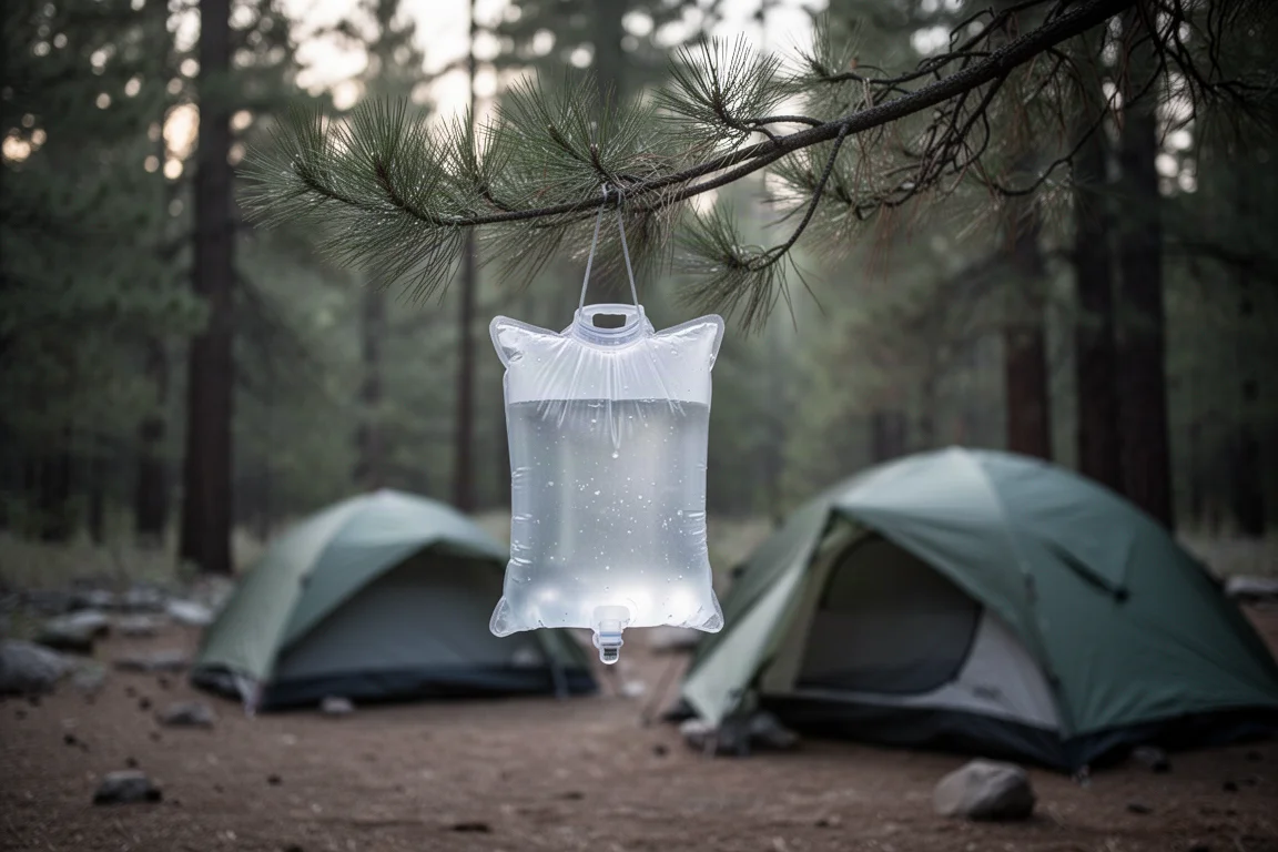 Water reservoir bag hanging from a pine branch beside a quiet campsite