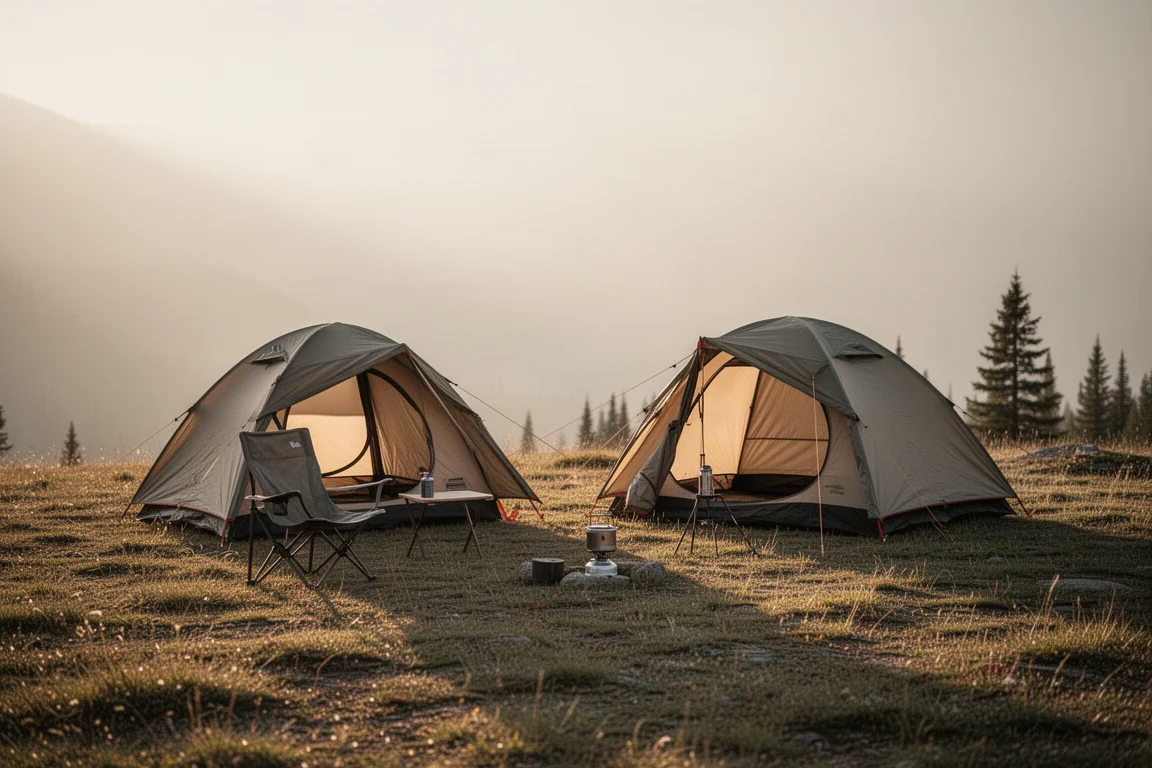 Backcountry campsite at golden hour with a low tent, camp chair and small stove