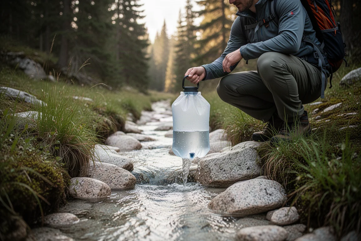 Randonneur accroupi près d'un ruisseau rocheux remplissant une poche d'eau translucide