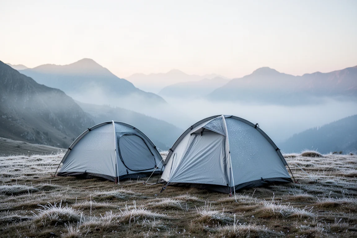 Petite tente dôme plantée sur un plateau alpin gelé à l'aube