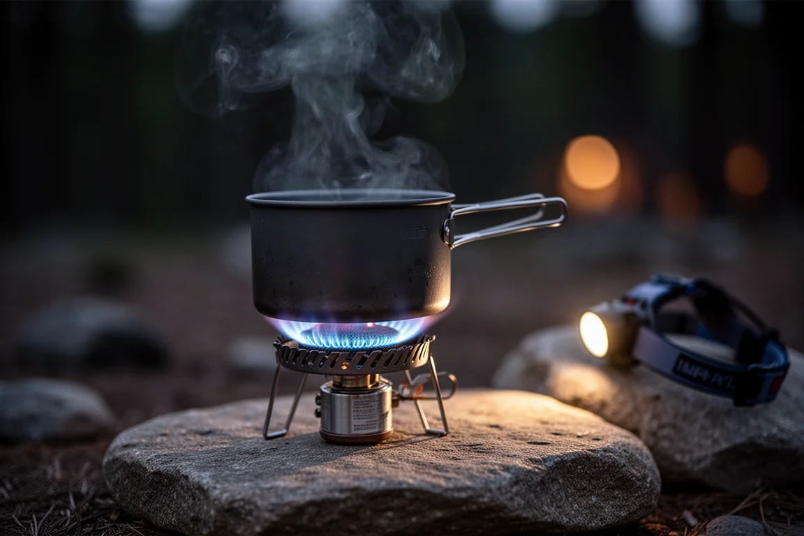 Flamme d'un réchaud de camping sous une popote à base à ailettes au crépuscule