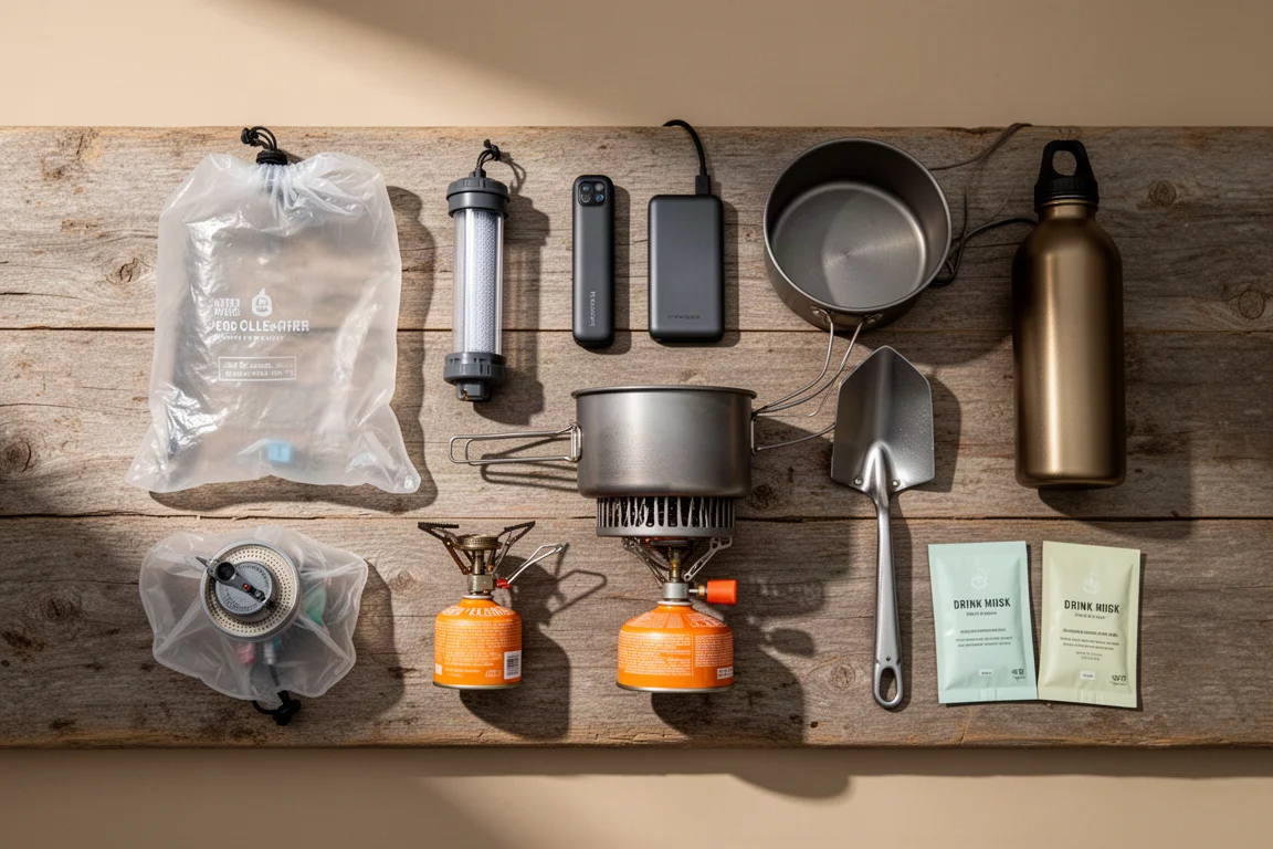 Flat-lay of backpacking gear including water bag, filter, power bank, cook pots, stove, bottle, trowel, and drink mix packets