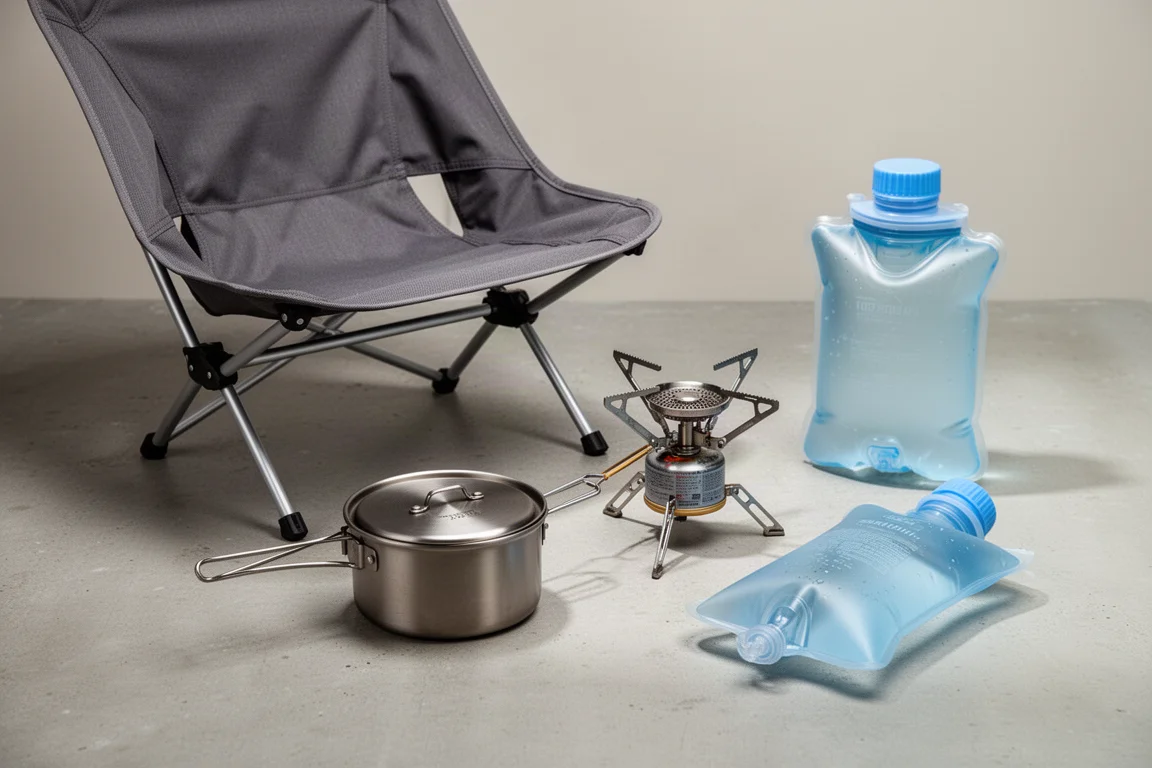 Backpacking gear under fifty dollars arranged on a concrete surface