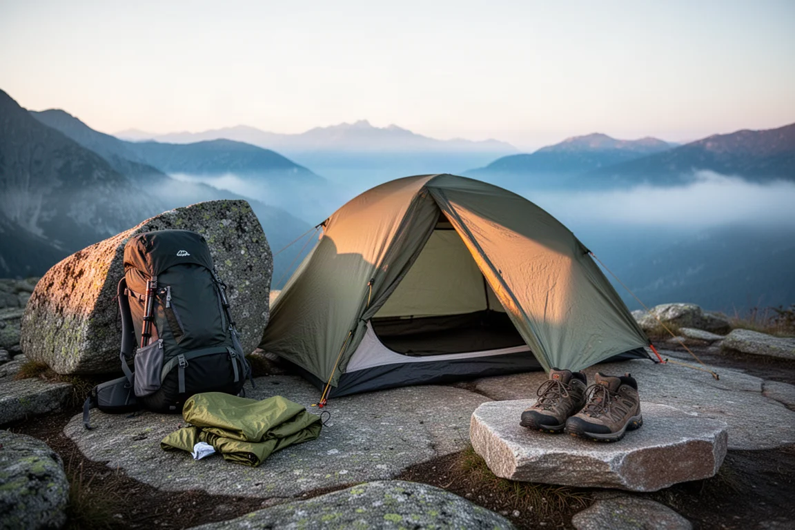 Attrezzatura da backpacking disposta piatta con pile, occhiali con aste a cordino, power bank, sun hoodie e scarpa da trail