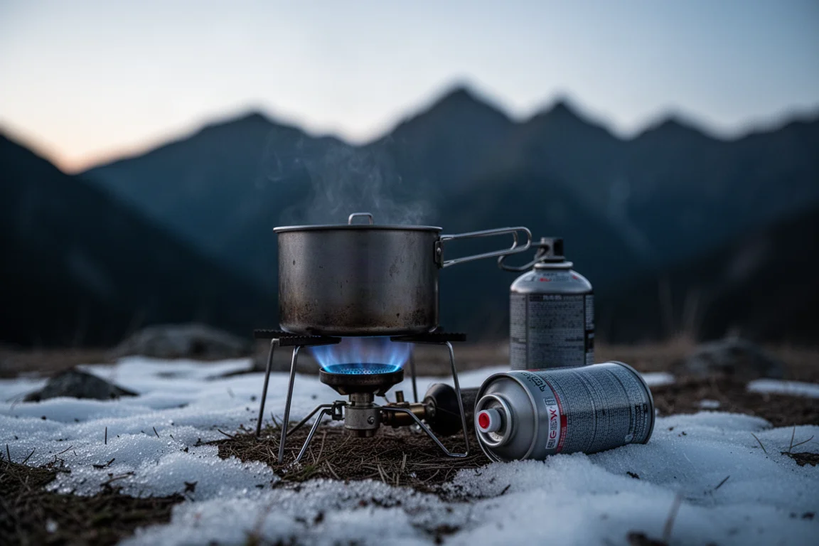 Campingküche in der Dämmerung mit brennendem Kocher unter einem Topf auf schneebedecktem Boden