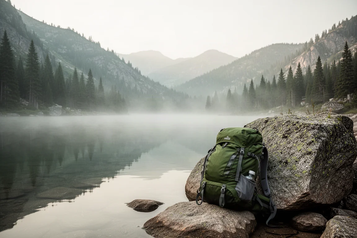Rucksack auf einem Findling neben einem Bergsee im Morgennebel