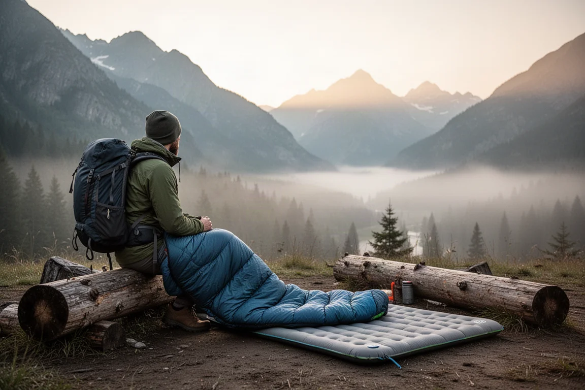 Backpacker in campeggio all'alba con attrezzatura da bivacco e montagne sullo sfondo