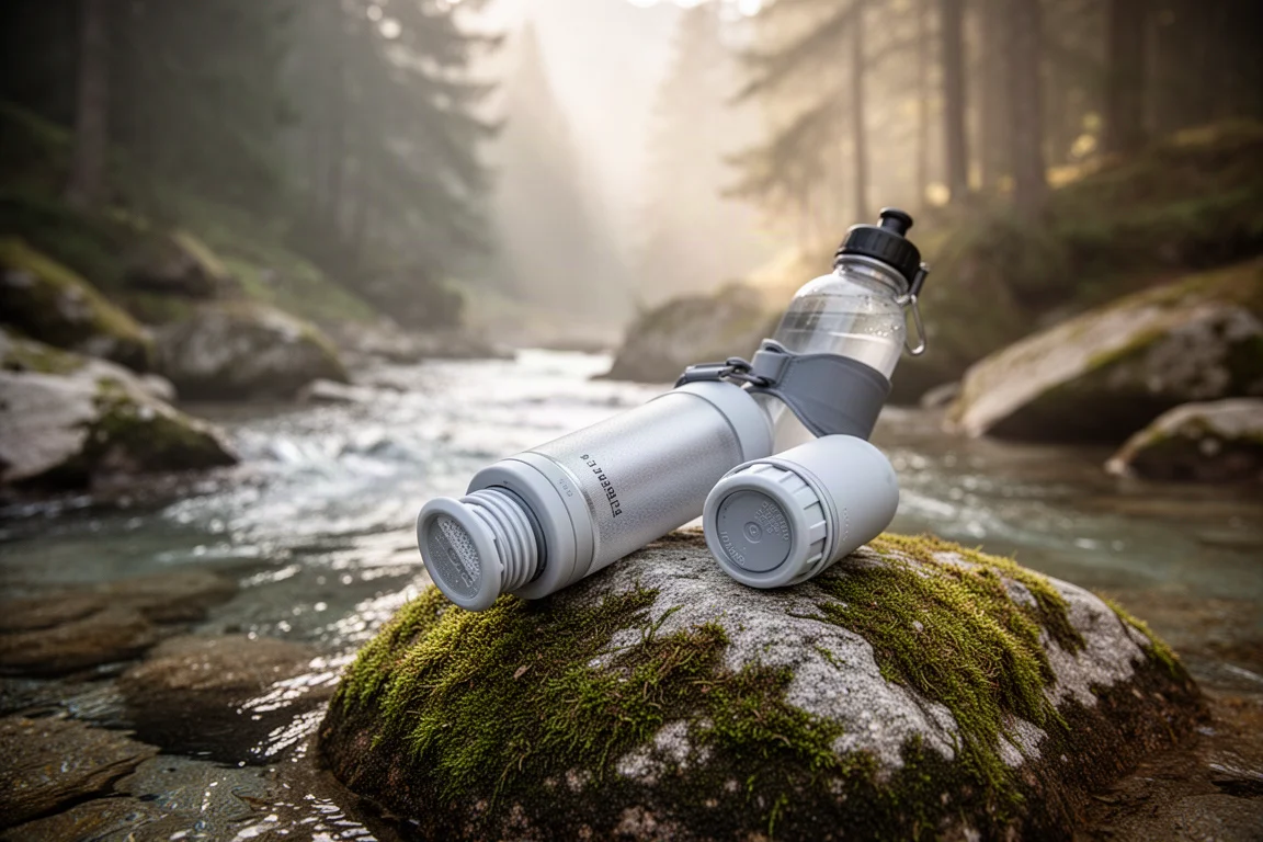 Filtro per l'acqua su una roccia muschiata accanto a un ruscello di montagna con bottiglia collegata