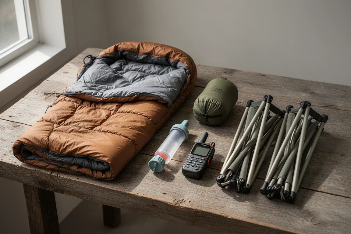 Flat-lay of backpacking gear including sleep system, water filter, communicator, and camp chairs