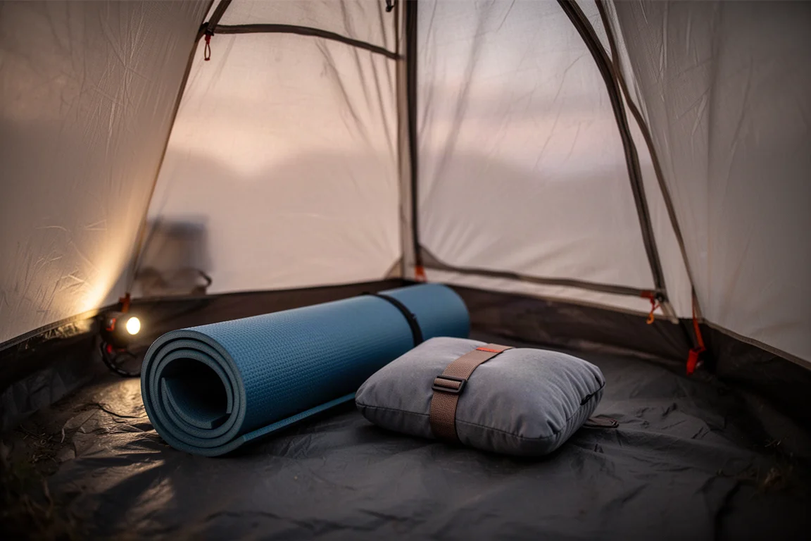 Interior of a small backpacking tent at dusk with a rolled pad and pillow