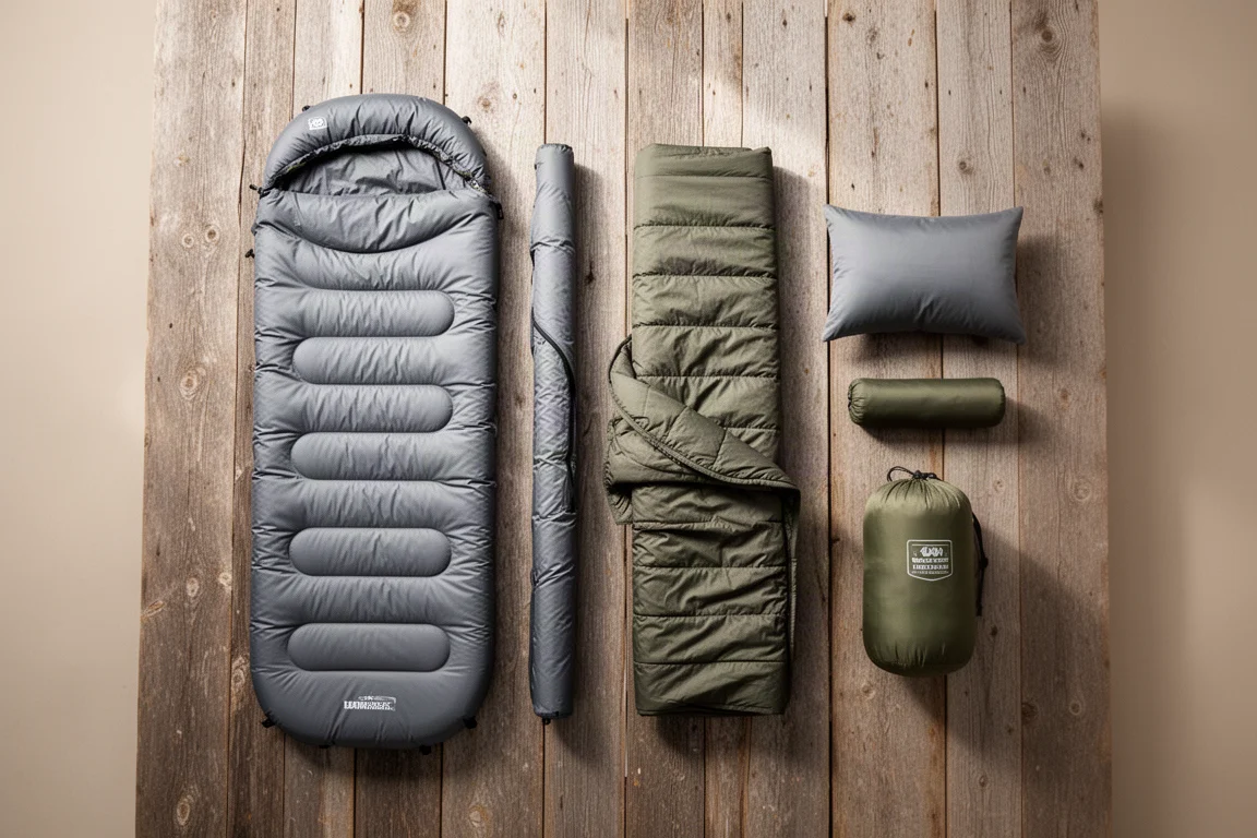 Overhead flat-lay of a backpacking sleep setup on weathered wooden boards