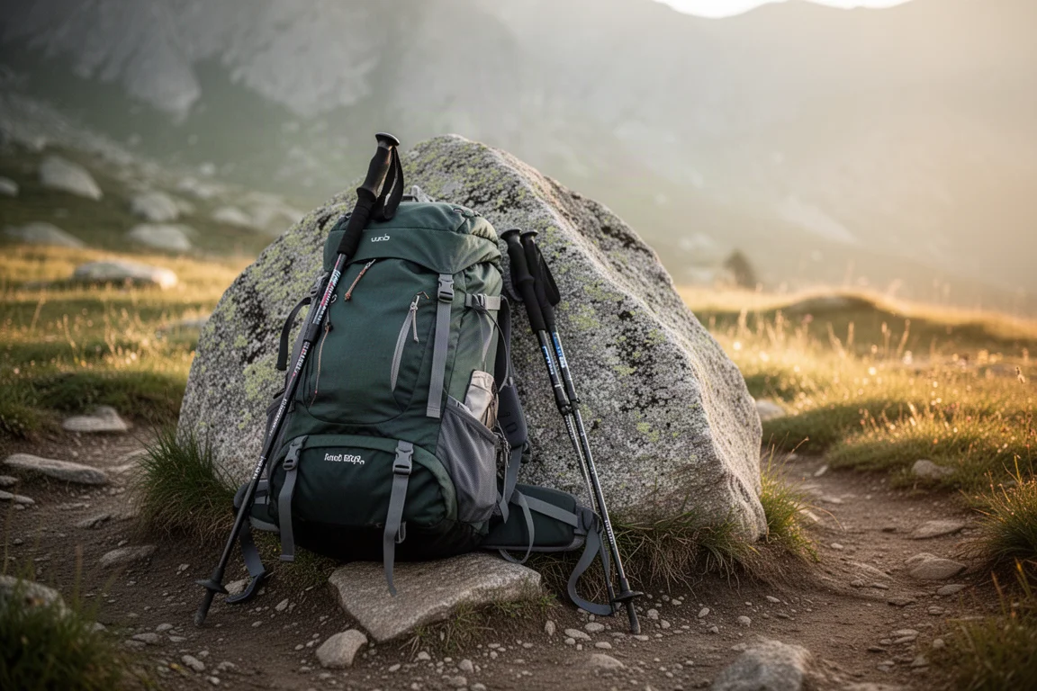 Loaded hiking backpack resting against a granite boulder at a trail junction