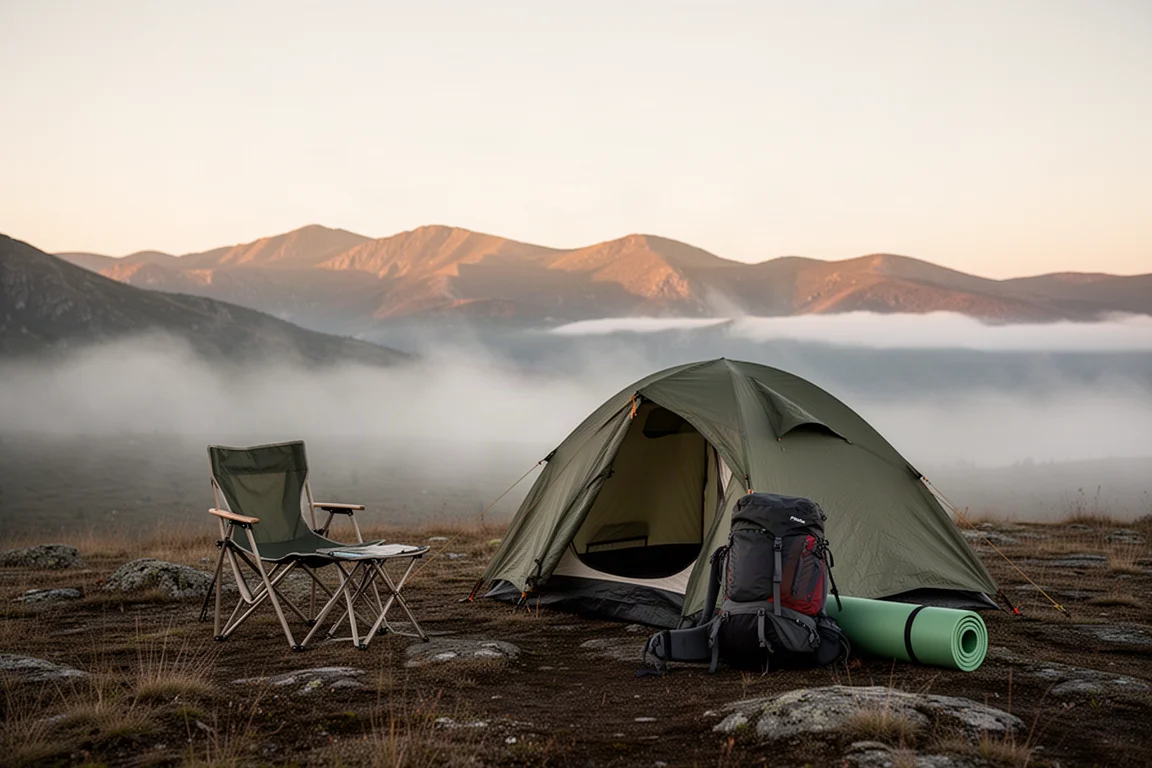 Camp scene at first light with tent, camp chair, and rolled sleeping pad
