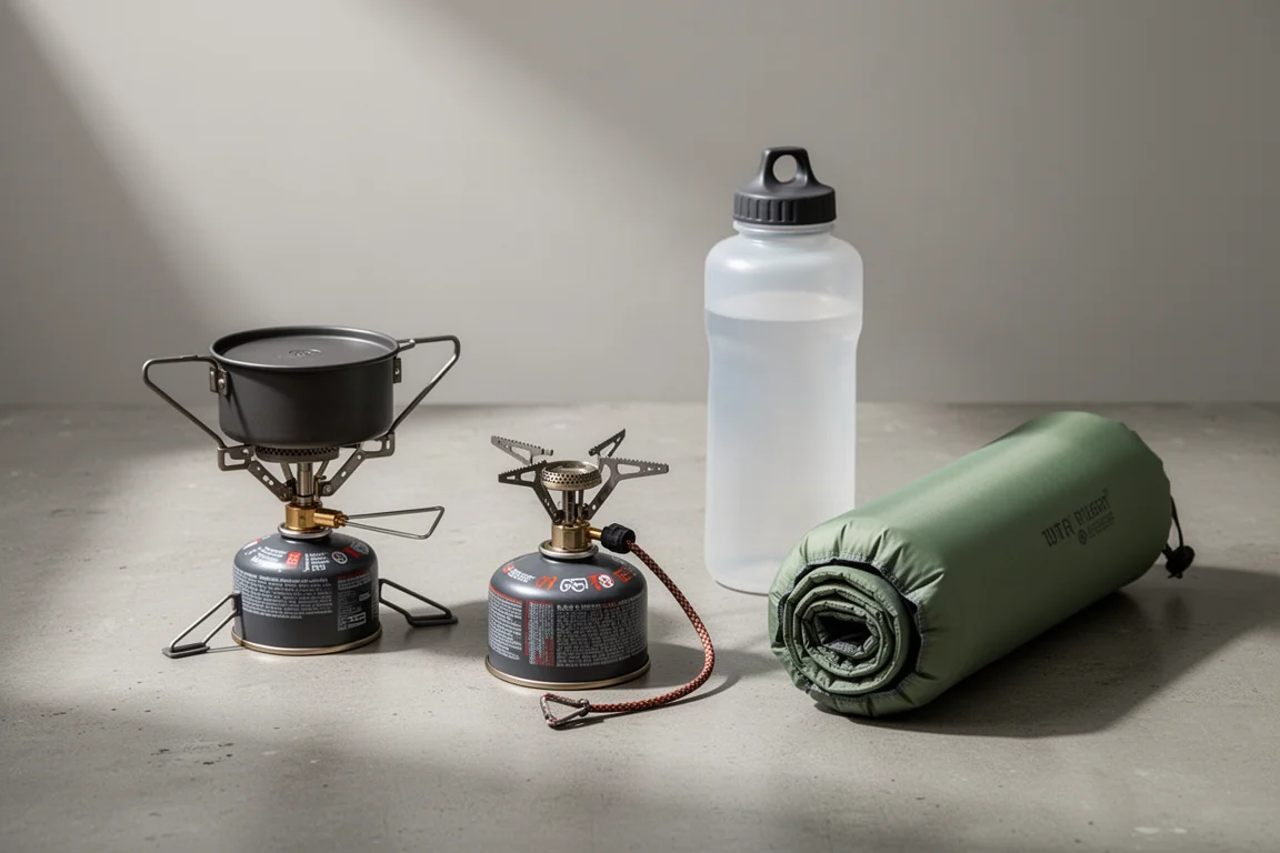 Vier Backpacking-Essentials auf einer Betonfläche arrangiert für einen redaktionellen Ausrüstungsratgeber