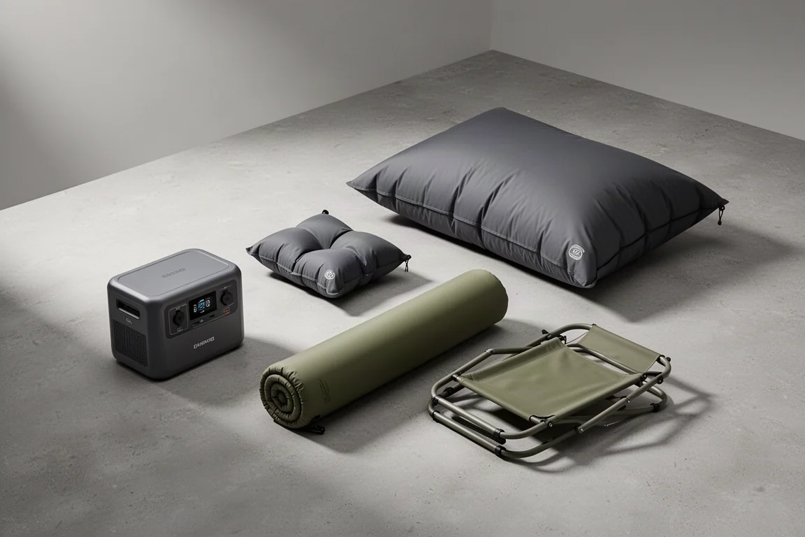 Backpacking and camping gear arranged together on a concrete surface