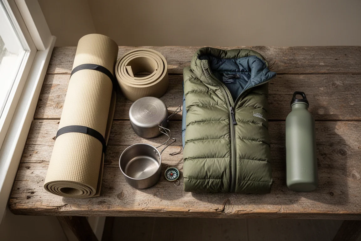 Draufsicht auf flach ausgelegte Trekking-Essentials auf verwittertem Holz im weichen Morgenlicht