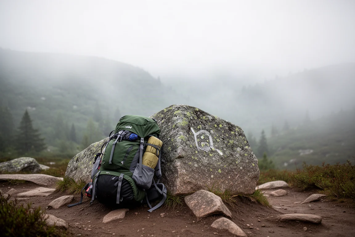 Beladener Trekkingrucksack an einem Granitfelsen mit Nebel im Tal