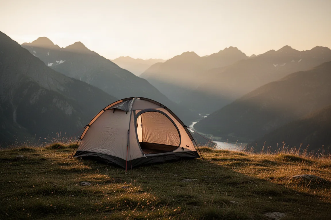 Einpersonenzelt auf einer grasbewachsenen Bergterrasse zur goldenen Stunde