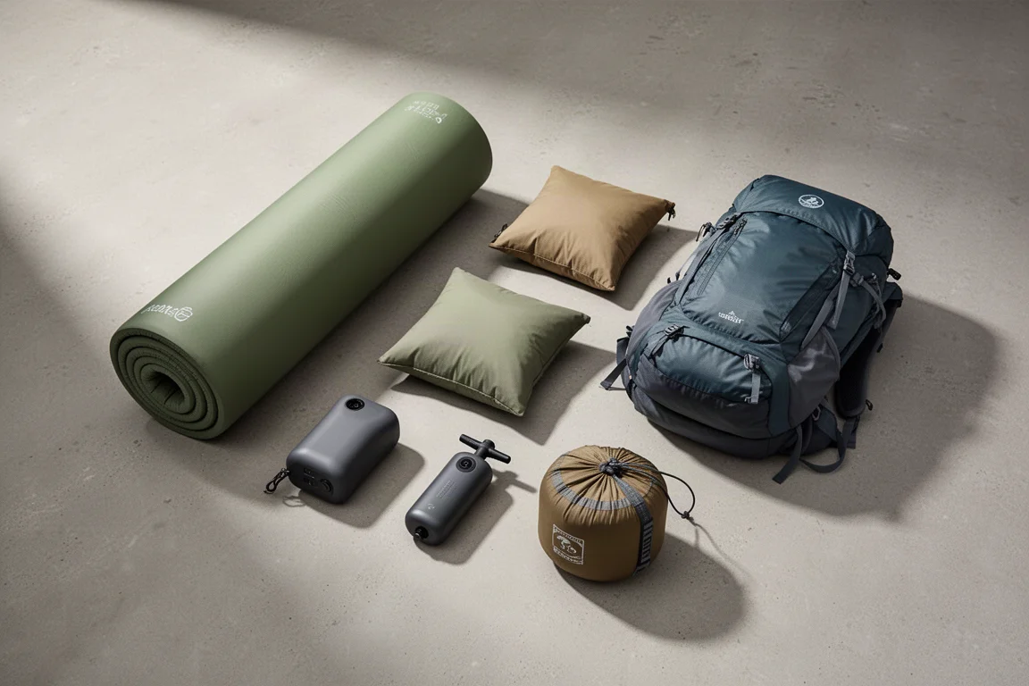 Flat-lay of backpacking gear including a sleeping pad, camp pillow, air pump, backpack, and tent