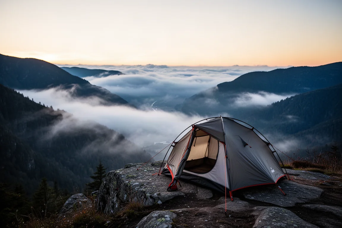 Hochalpiner Campingplatz bei Sonnenaufgang mit einem kleinen Zelt auf einem Felsvorsprung