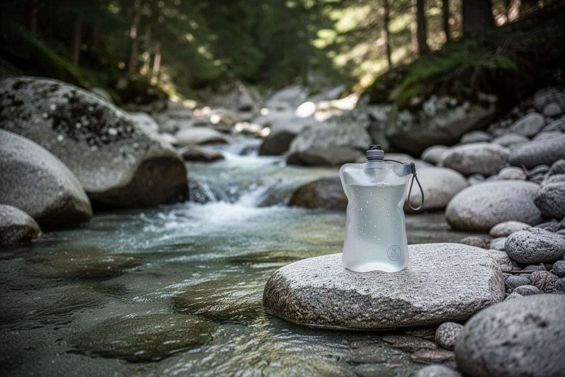 Gebirgsbach über Granitfelsen mit einem gefüllten Wasserbeutel daneben
