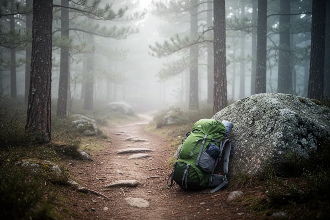 Wanderweg durch einen Kiefernwald mit einem bepackten Rucksack auf einem Felsen