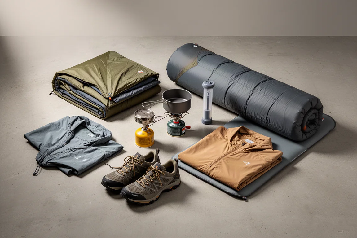 Backpacking gear arranged on concrete: tent, stove, filter, sleeping bag, hoodie, shoes and pad