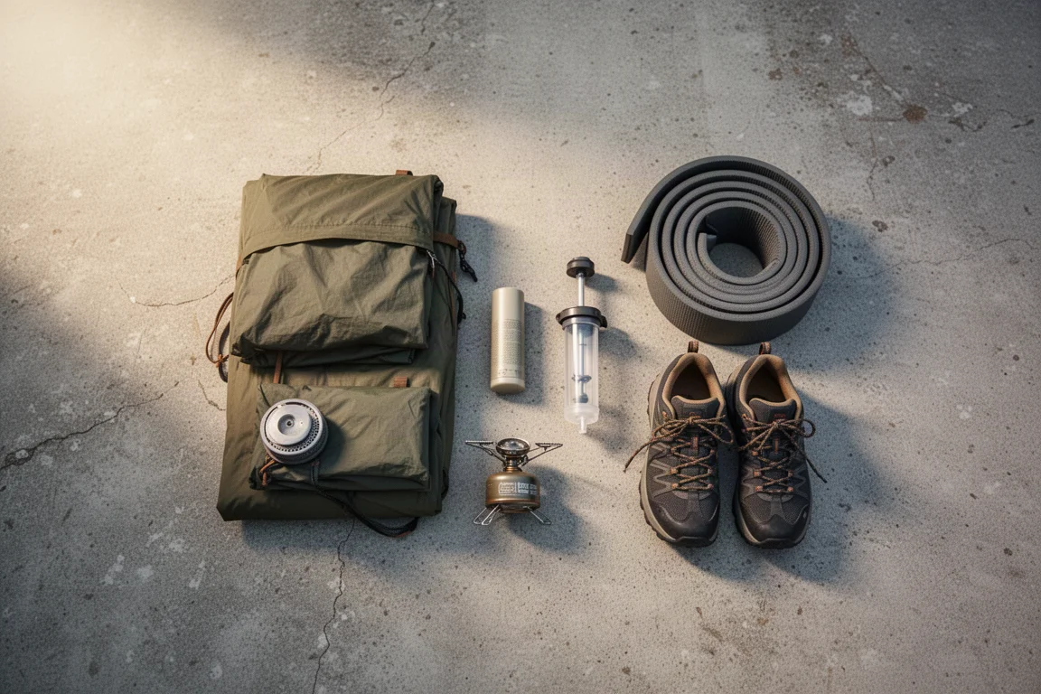 Vista de cima de equipamentos de mochilão dispostos sobre concreto desgastado sob a luz suave da manhã