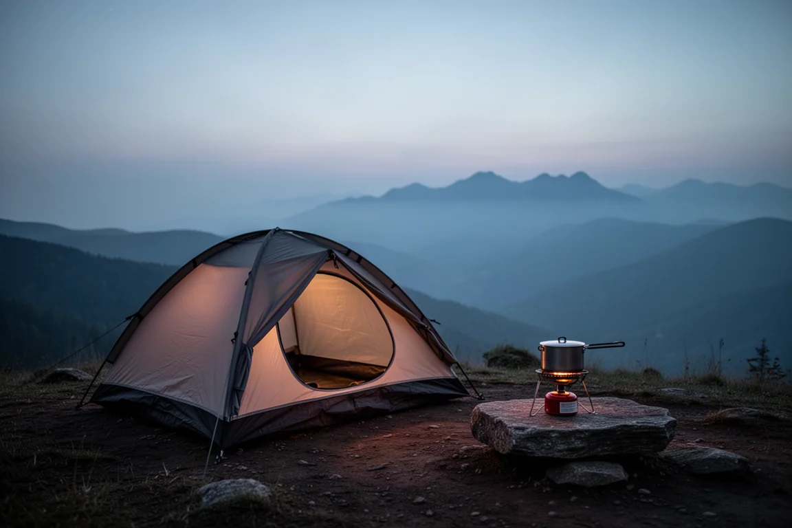 Acampamento na crista ao anoitecer azul com uma pequena barraca iluminada e montanhas em camadas ao fundo