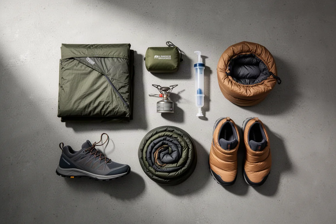Backpacking gear flat-lay with tent, stove, filter, sleeping bag and hiking shoes