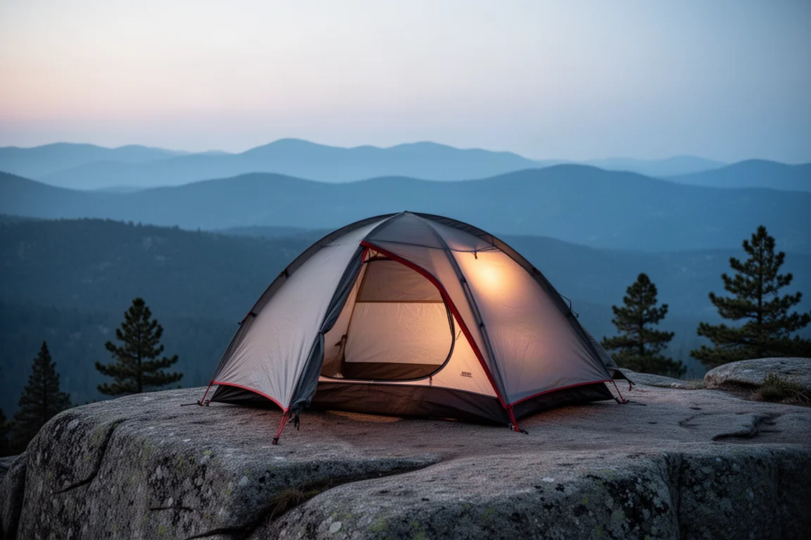 Two-person backpacking tent pitched on a granite ledge at dusk with distant ridgelines