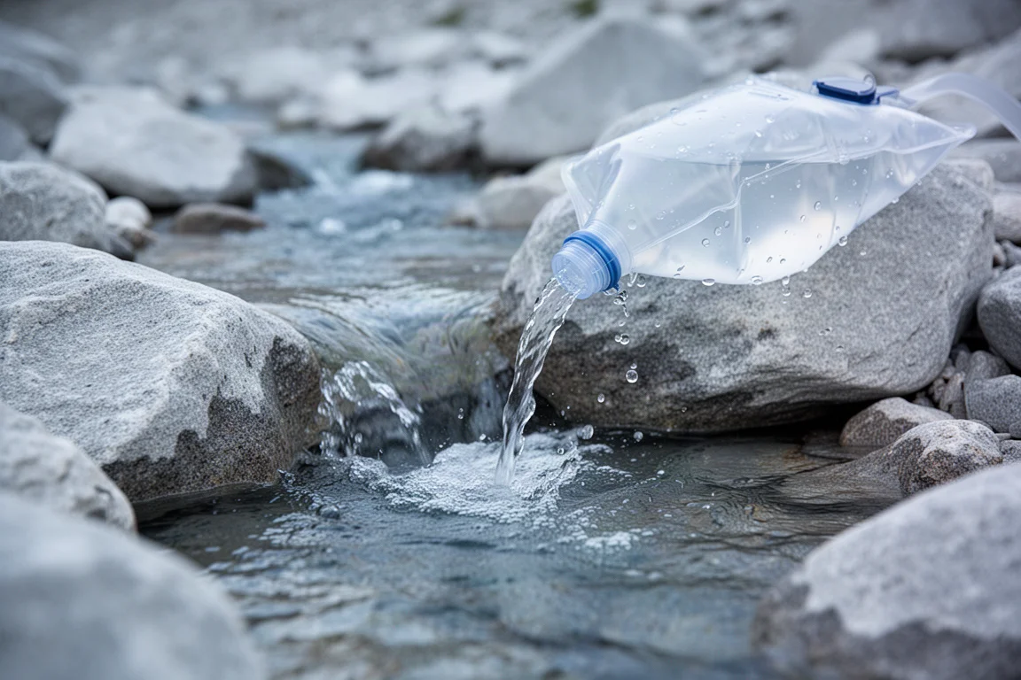 Flexible water bag filling in a clear alpine stream over pale rocks in morning light