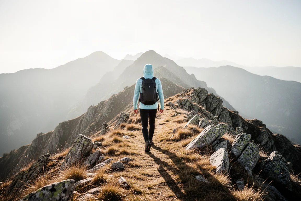 Hiker in a lightweight hooded sun layer walking an exposed ridge in bright sun