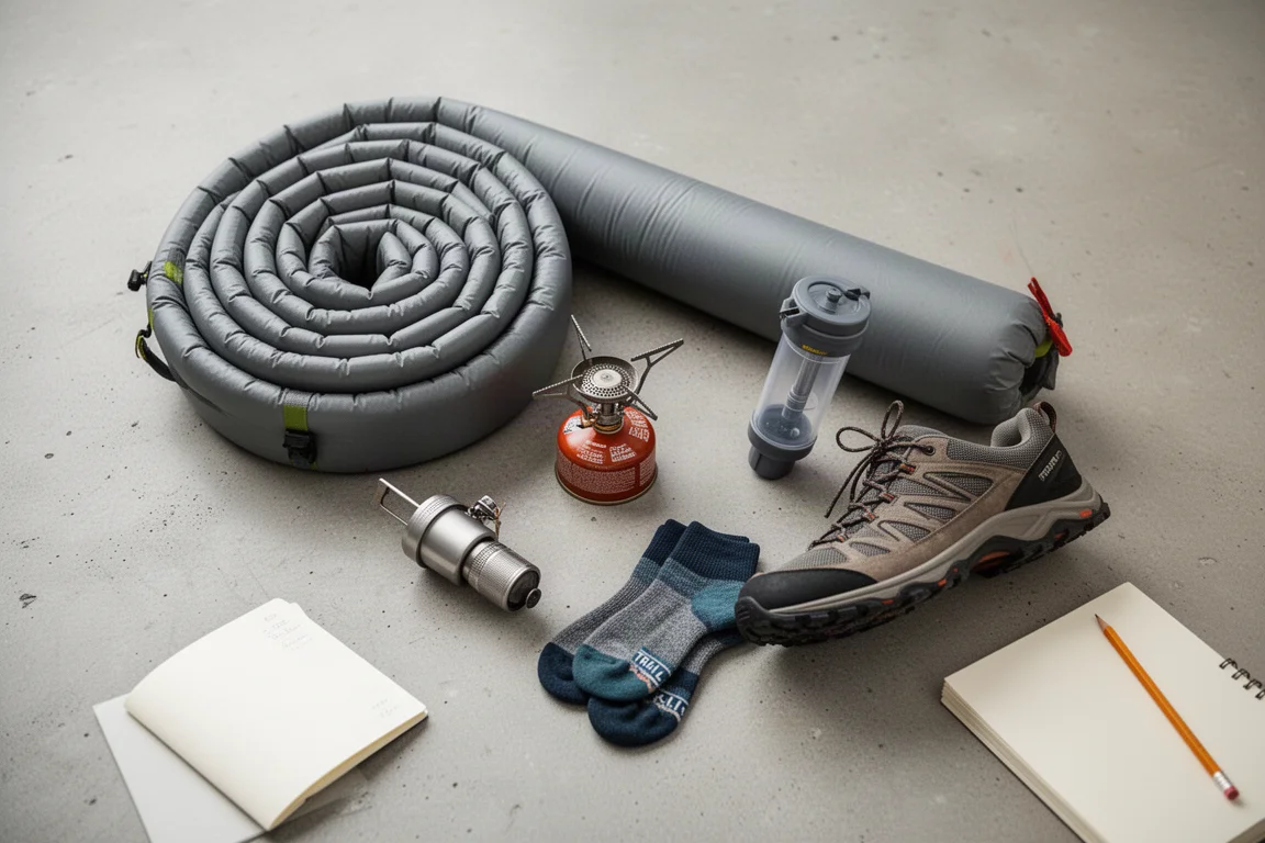 Overhead flat-lay of backpacking gear arranged on a concrete surface with a notebook