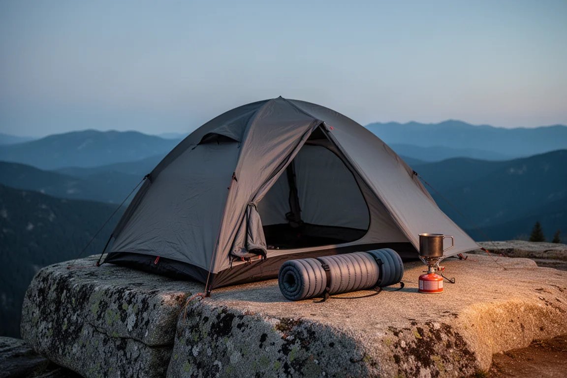 Backpacking tent, sleeping pad and stove arranged at a dusk camp on a granite ledge