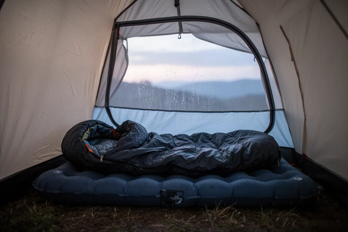 Uppblåst liggunderlag och quilt inuti ett litet tält i gryningen