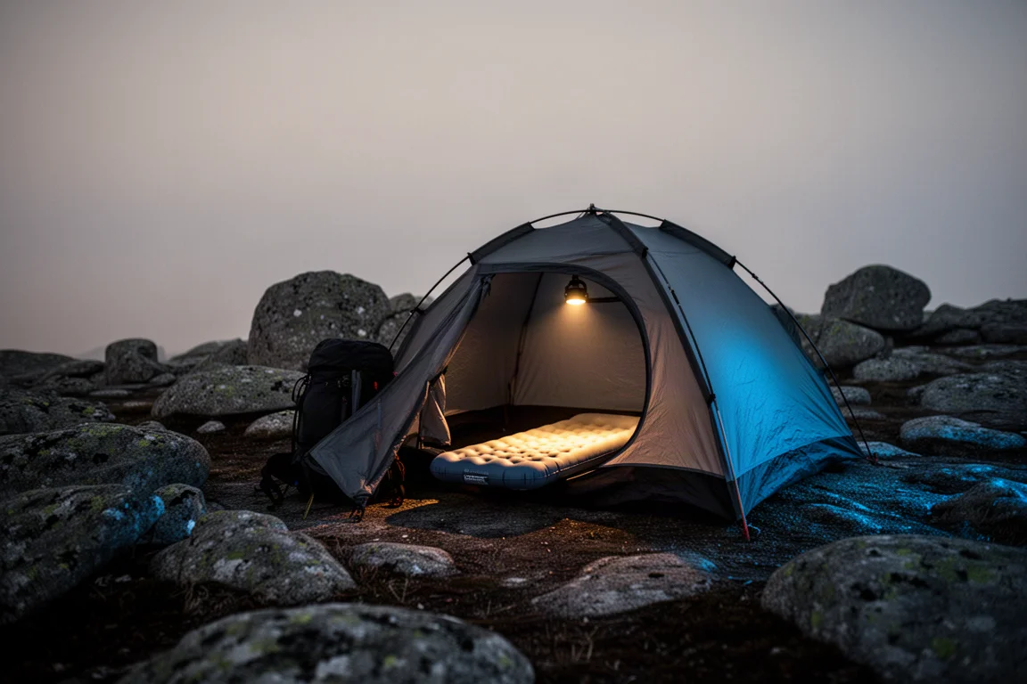 Vandrare som går på en stenig bergskamstig i gyllene timmen, sedd bakifrån