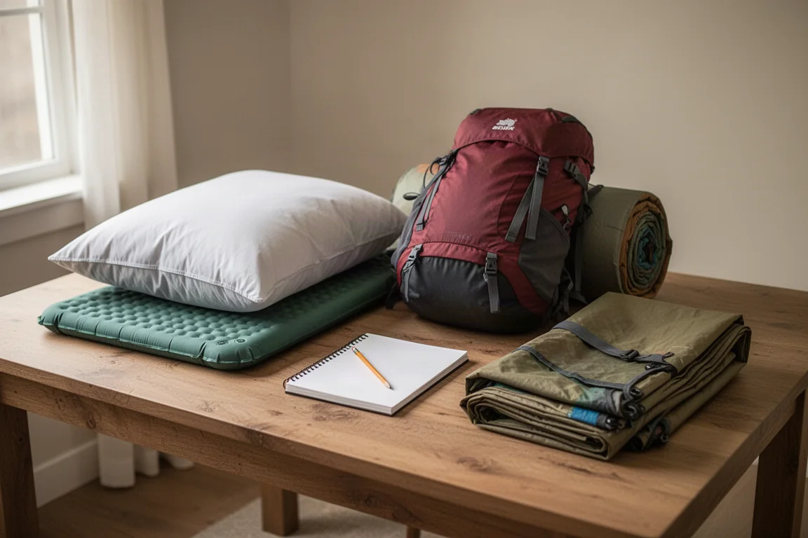 Backpackingutrustning utlagd i prydliga grupper på ett betonggolv vid packning