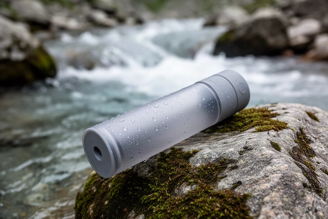 Borraccia con un piccolo tappo a ugello appoggiata su una roccia accanto a un ruscello di montagna