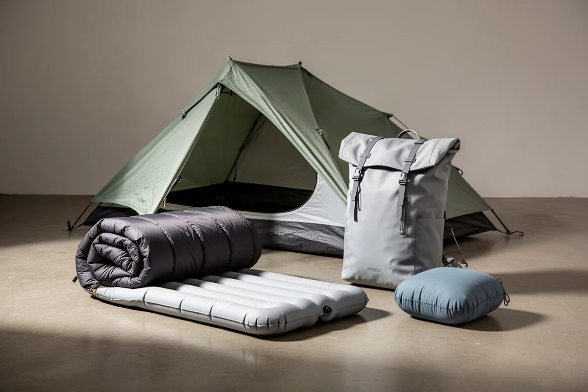Ultralight backpacking gear arranged on a concrete surface for a buying guide