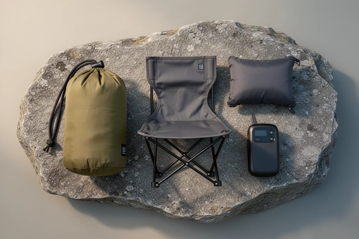 Attrezzatura da backpacking distesa con bastoncini, pentola, bombola del combustibile e mappa piegata