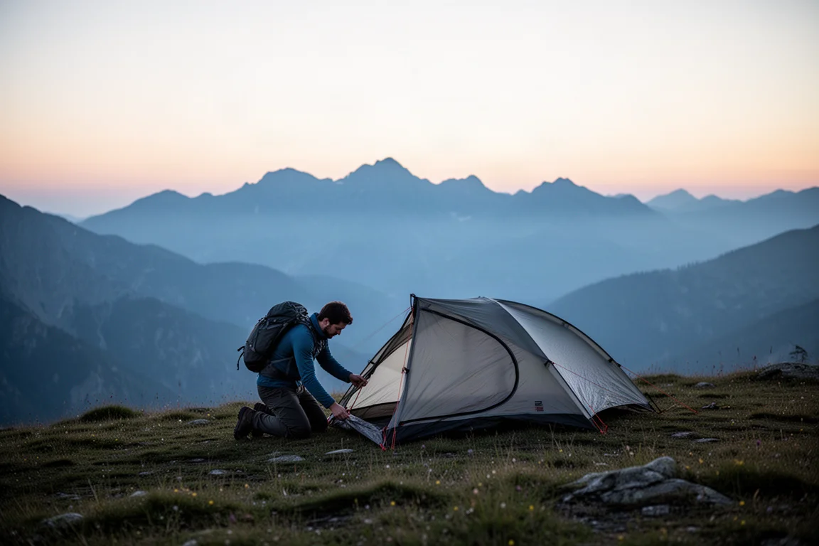 Backpackerskamp in de schemering met slaapmat, quilt en tent op een granieten richel