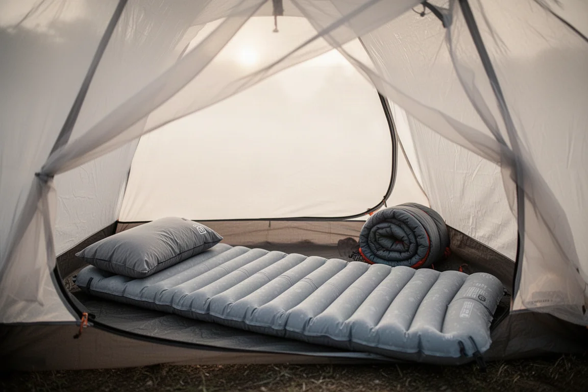 Lichtgewicht eenwandige tent op een mistige alpiene weide bij het eerste daglicht