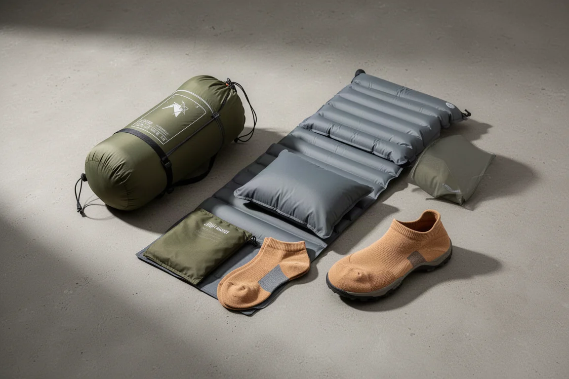 Satellite communicator, lightweight tent, toe socks, and dried potatoes arranged on concrete