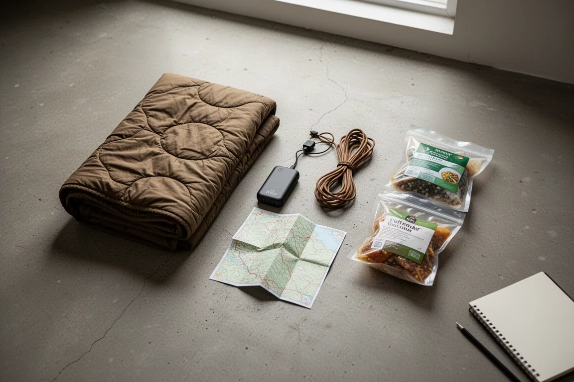 Flat-lay van bovenaf van backpackinguitrusting, in losse groepjes gesorteerd op een betonnen vloer
