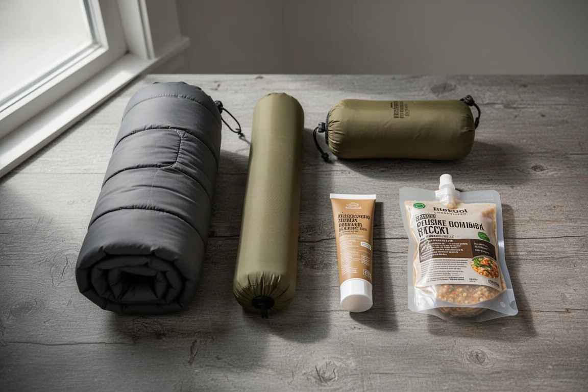 Flat-lay of backpacking gear including a rolled quilt, sleeping pad, and meal pouch on wood